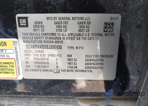 2014 Buick Enclave Convenience from USA, damaged, VIN 5GAKRAKD2EJ266935